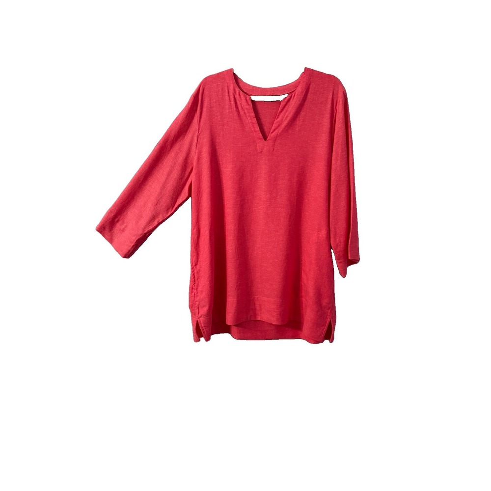 Lands End Linen Blend Blouse Top Size L Pockets Oversized Tunic Coastal Resort